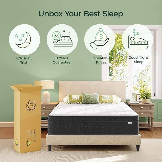 Queen Mattress 10 Inch in a Box - Memory Foam & Pocket Spring Hybrid Mattress for Back Pain Relief, Cool Breathable Fiberglass-Free Cover, Medium Firm, CertiPUR-US Certified