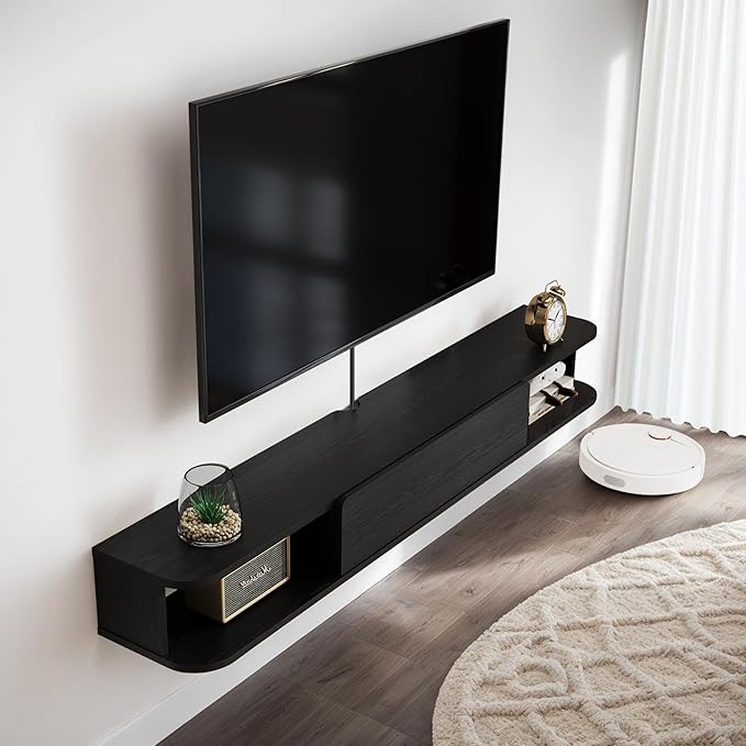 Pmnianhua Floating TV Stand with Drawer,74'' Wall-Mounted TV Cabinet,Floating TV Console,Under TV Entertainment Shelf with Storage for Bedroom Living Room(Black)