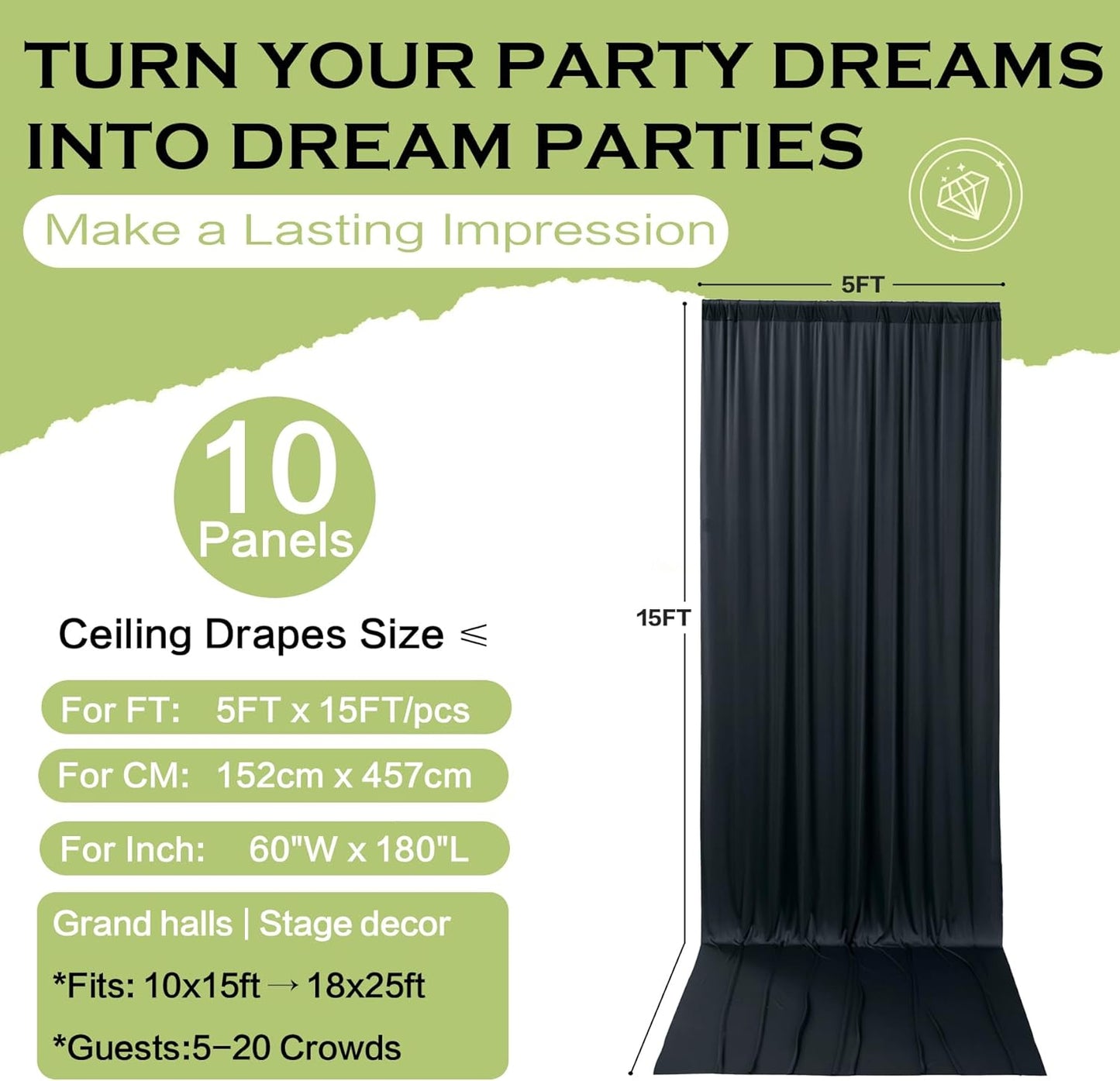 PartyVillage 50ft×15ft Black Backdrop Curtain for Halloween Parties, 10 Panels Wrinkle Free 15 FT Long Polyester Photo Backdrop Drapes Back Drop Cloth for Birthday Photography Background