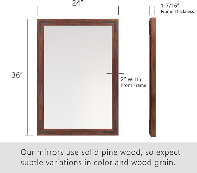 VocalStar Rustic Wood Framed Mirror 24 x 36 Inch, Natural Dark Brown Wooden Rectangle Bathroom Vanity Wall Mirror for Farmhouse Boho Decor, 1/4-inch Shatterproof Glass | Waterproof