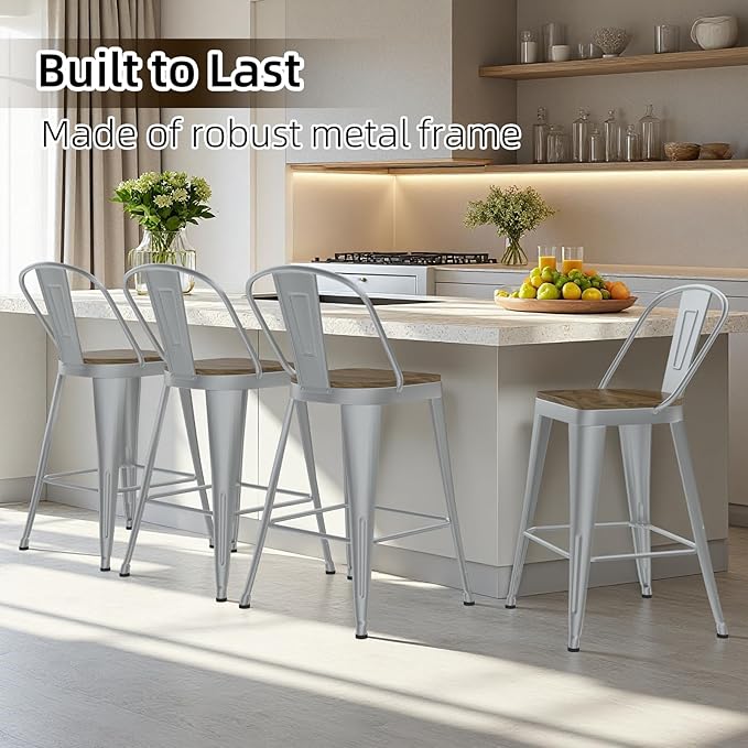 Metal Bar Stools Set of 4, High Back Bar Stools with Wooden Seat, 30 inch Silver Barstools for Kitchen Island