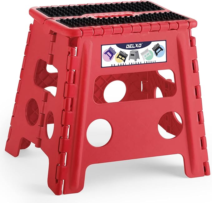 Delxo Folding Step Stool,Non-Slip Stool 13 inch Height Premium Heavy Duty Foldable Stool,Kitchen Garden Bathroom Steppingstool 1 Pack in Red,Dotted Texture
