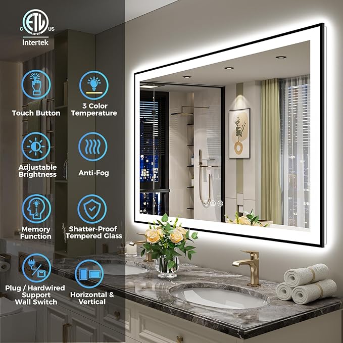 44x36 Inch LED Bathroom Mirror with Lights (Front Lit and Backlit) Black Framed Lighted Vanity Mirror for Bathroom Wall Dimmable Anti-Fog Memory Tempered Glass Horizontal/Vertical