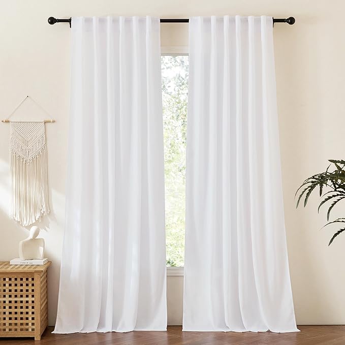 RYB HOME White Linen Curtains 90 inches Long, Semi Sheer Light Filtering Back by RYBHOME