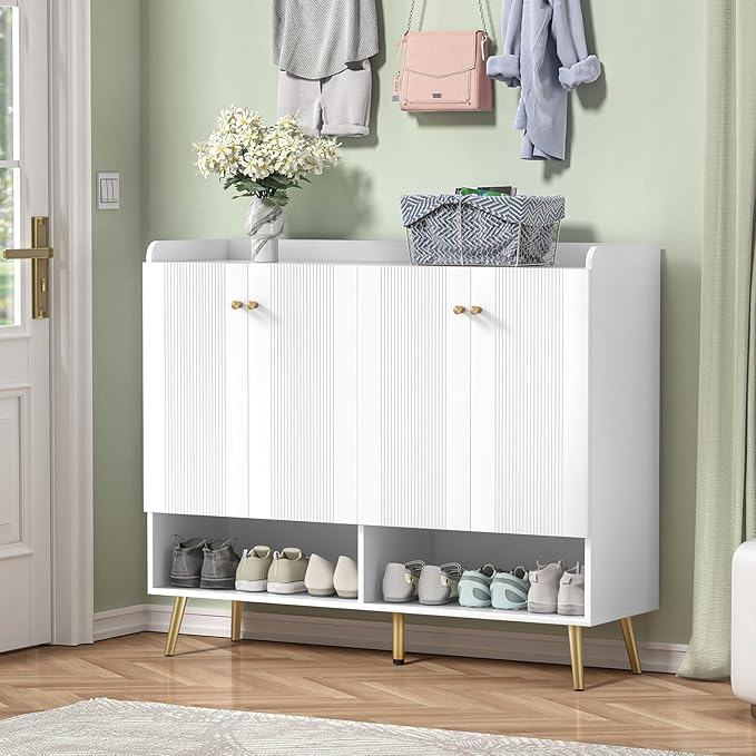 Giluta Buffet Sideboard Cabinet with Adjustable Shelf,Modern Buffet Storage Cabinets 4 Doors, Living Room Console Table for Kitchen Dining Room(White)