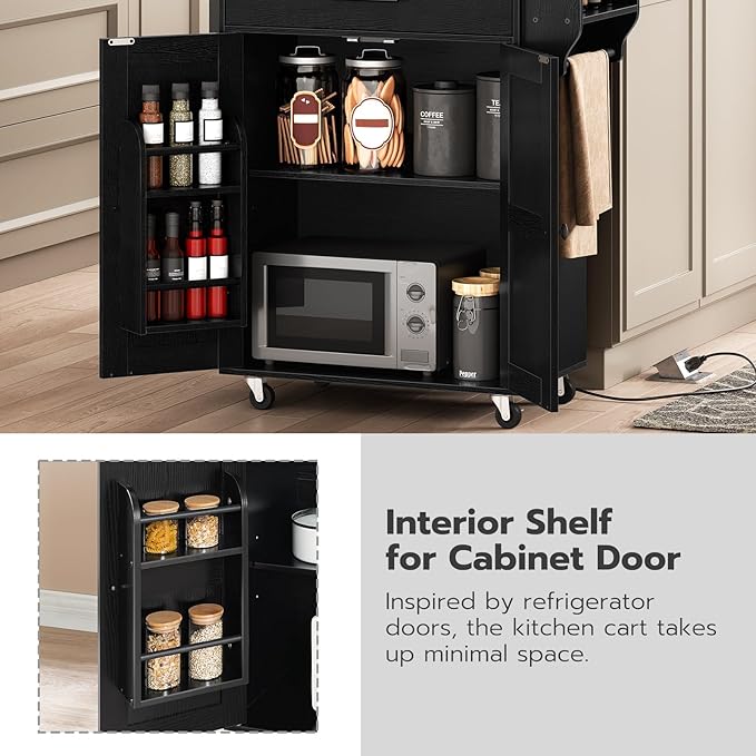 HOOBRO Kitchen Island with Power Outlet, Kitchen Island Storage Island with Large Worktop, Spice Rack and Drawer, Rolling Kitchen Cart on Wheels, for Kitchen and Dining Room, Rustic Brown and Black