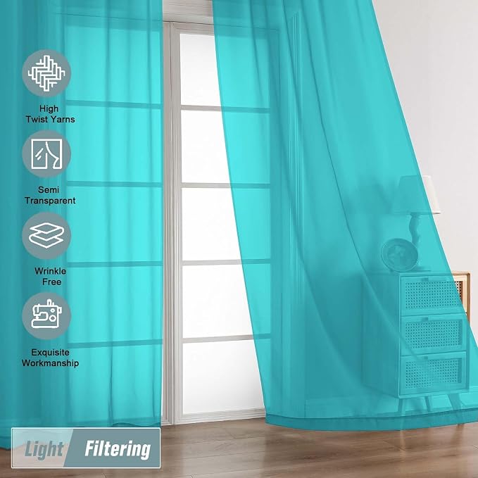 Turquoise Sheer Curtains 84 Inches Long 2 Panels, Elegant Airy Transparent - Image 5