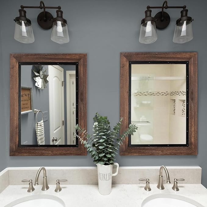 YOSHOOT Rustic Wooden Framed Wall Mirror, Natural Wood and Iron Bathroom Vanity Mirror for Farmhouse Decor, Vertical or Horizontal Hanging, 60" x 36", Brown
