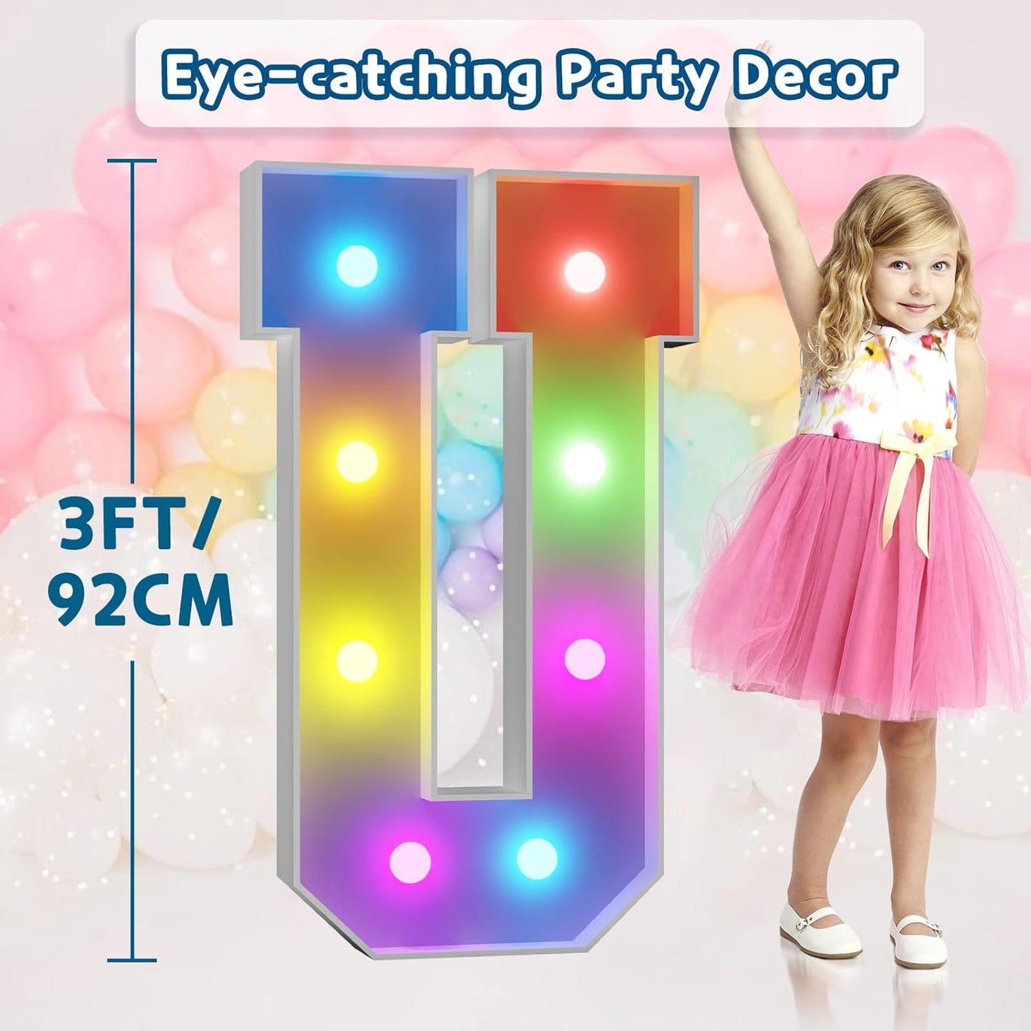 imprsv 3FT Colorful Marquee Light Up Letters U, 18 Colors Light Up Sign Alphabet Sign with Remote, One Letters First Birthday, Large Letters for Birthday Engagement Anniversary Wedding Party Decor