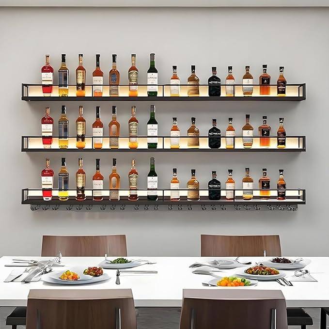 Wall-Mounted Metal Wine Rack with LED Lights 3-Tier Floating Bar Shelves with Wine Glass Rack Large Wine Bottle Display Rack Hanging Shelf, for Home Bar Dining Room Decorative (Black, 120cm/47.2in)