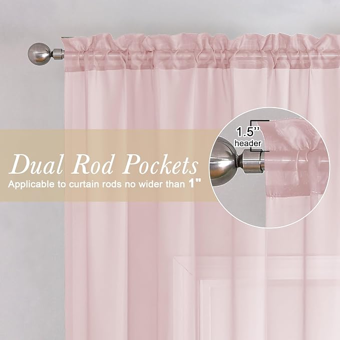 Lecloud Blush Pink Sheer Curtains 63 Inch Length 2 Panels Set, Rod Pockets - Image 3
