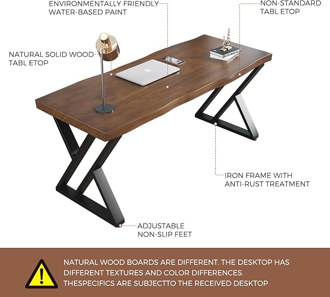 Rustic Style Solid Wood 55-inch Computer Desk - Large Office Desk for Home Office, Modern and Simple Design, Ideal for Study, Writing, Dining