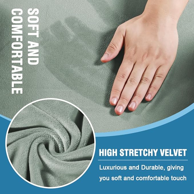 H.VERSAILTEX Sofa Cover 3 Piece T Cushion Loveseat Slipcovers Thick Velvet Couch Cover Stretch T Cushion Sofa Covers for 2 Cushion Couch with 2 Individual T Cushion Covers Washable, Sea Grass
