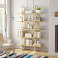 Wide Bookshelf Arched Bookcase, Industrial 5 Tier 72" Tall Freestanding Heavy Duty Display Rack for Home Office, Living Room,Nature Wood & Gold,Easy Assembly