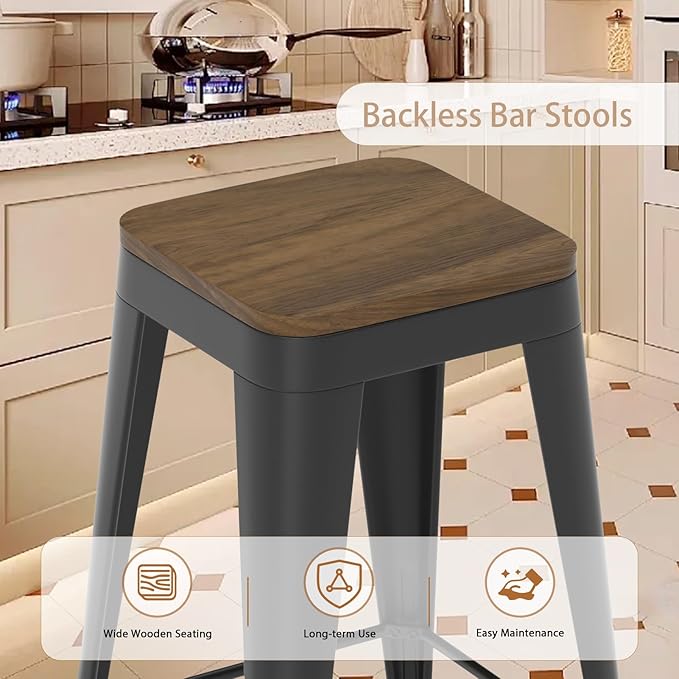 30 inch Backless Bar Stools Set of 4, Indoor Metal Bar Stools with Wood Seat, Industrial Counter Height Barstools for Kitchen Island, Black