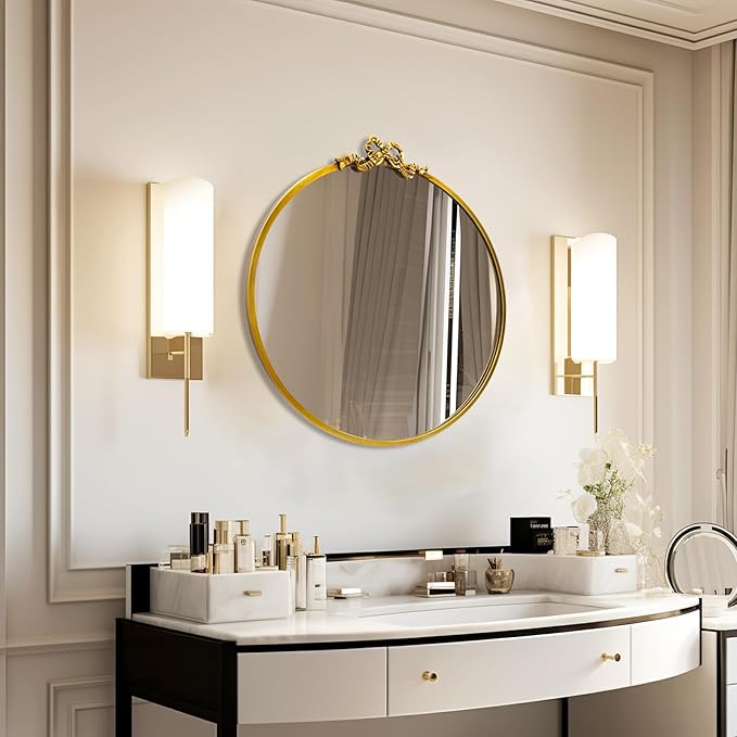 Vintage Gold Round Mirror Decorative Bathroom Vanity Mirrors 27.5inch Antique Metal Ornate Circle Wall Mirror, Baroque Bow Decor for Home Dressing Table,Bedroom,Living Room,Hallway