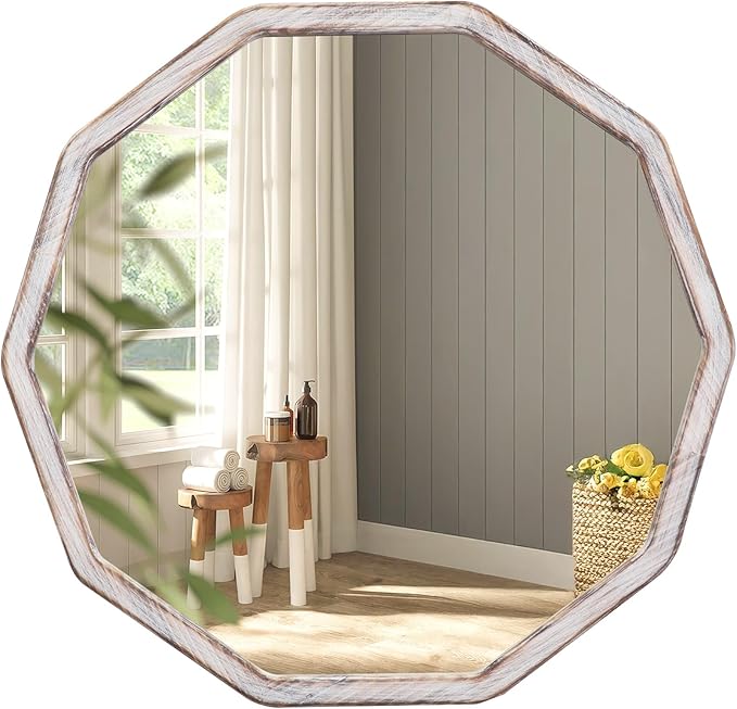 ULIKE White Wood Mirror for Wall, 24 Inch Rustic Farmhouse Mirror with Wood Frame, Decorative Wall Mounted Vanity Mirrors for Bathroom Bedroom Living Room Entryway