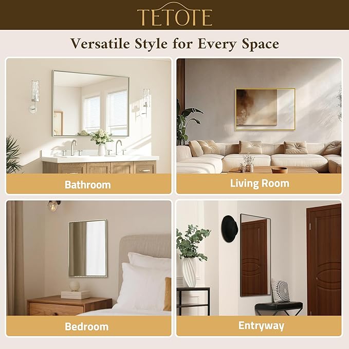 TETOTE Brushed Nickel Bathroom Mirror 48" x 30" Beveled Frame Rectangle Bathroom Vanity Wall Mirror for Over Sink, Tempered Glass, Stronger Frame, Modern Farmhouse Bedroom, Entryway, Living Room