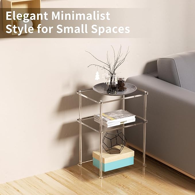 Acrylic Side Tables with 3 Shelve,Bedside Table Clear Nightstand for Bedroom Modern End Table for Living Room, Sofa Table, Side Table 15.7" L x11.8 Wx 23.6" H