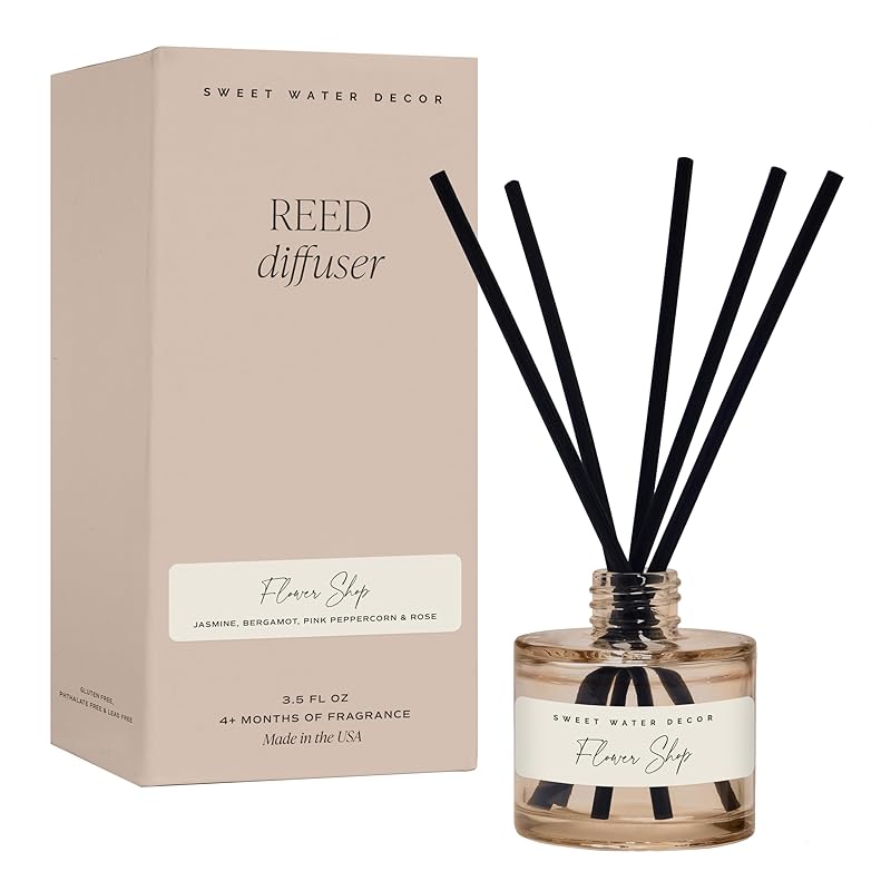Sweet Water Decor Flower Shop Reed Diffuser – Room Decor Aesthetic with Long-Lasting Premium Fragrance of Bergamot Rind, Orange Blossom, Ylang Ylang, and Jasmine for 4 Months – Ideal for Home Decor