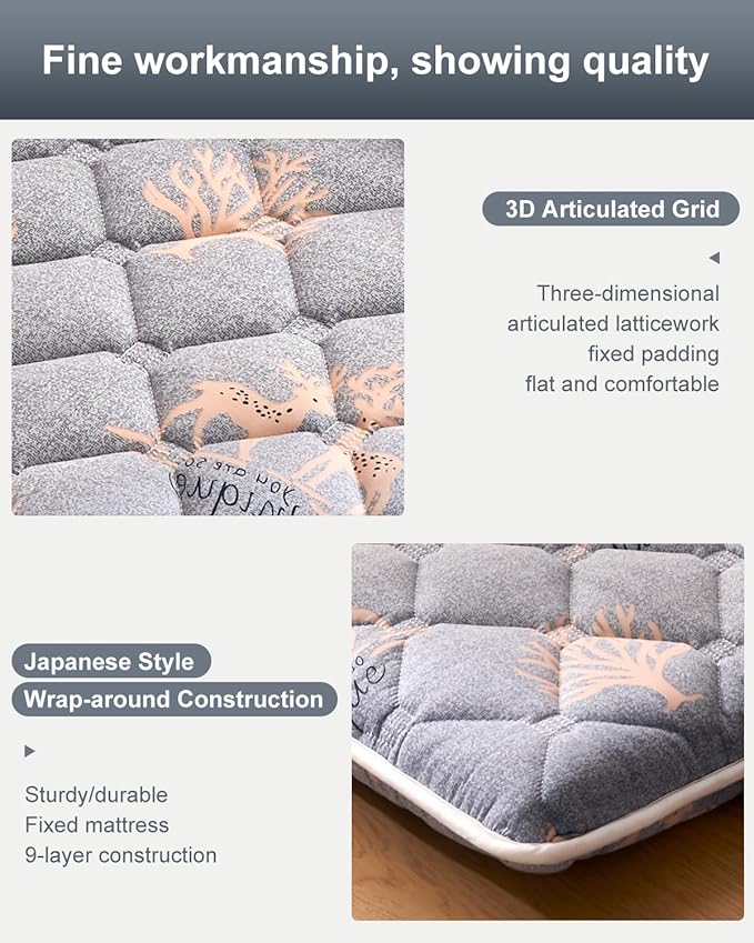 6th Generation Japanese Floor Futon Mattress - Extra-Thick 9-Layer Modern Futon with 100% High-Density Foam, Portable Floor Mattress Sleeping Pad for Adults, Guest Room, Dormitory, Twin Size(39"X80")