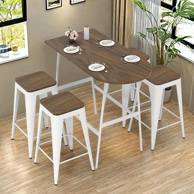 26 inch Backless Bar Stools Set of 4, Indoor Metal Bar Stools with Wood Seat, Industrial Counter Height Barstools for Kitchen Island, White