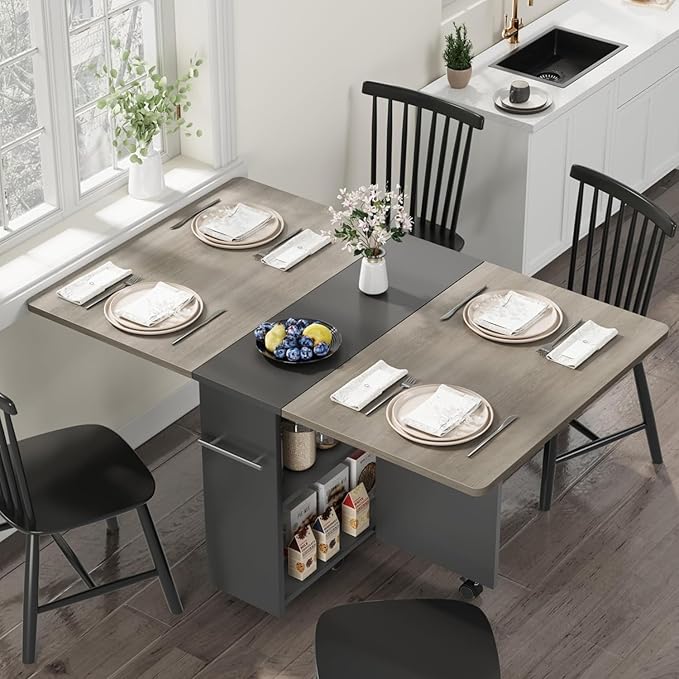 Space Saving Folding Dining Table with 2 Tier Storage-Extendable Drop Leaf Farmhouse Kitchen Dining Room Tables Set for 4, Collapsible Expandable Rectangle (Carlo Grey, 47.2"D x 23.6"W x 29.5"H)