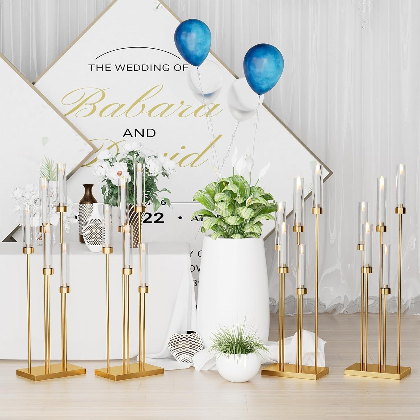 42.5'' Floor Candelabra 5 Arm Candelabra Centerpieces for Tables Gold Candle Sticks Holder 4 Set Tall Metal Candlestick with Acrylic Lampshades for Home Christmas Party (Square)