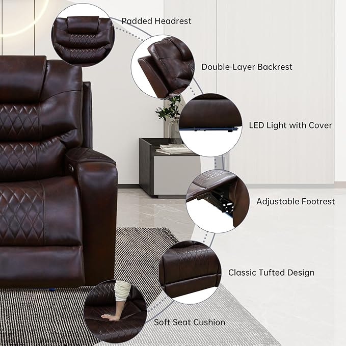 PU Leather Power Wall Hugger Chair Double Reclining Sectional Sofa 2-Seater Loveseat Couch with Center Storage Console, USB Ports, Cup Holders and Ambient LED Light for Living Room RV Theater Seating