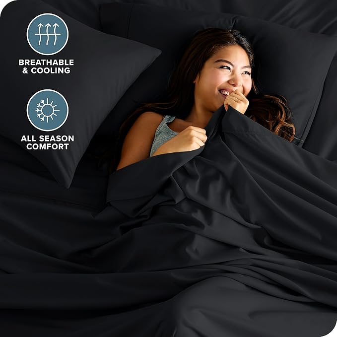 Bare Home Short Queen Sheet Set - 1800 Ultra-Soft Microfiber - Double Brushed - Deep Pockets - Easy Fit - 4 Piece Set - Bed Sheets (Short Queen, Black)
