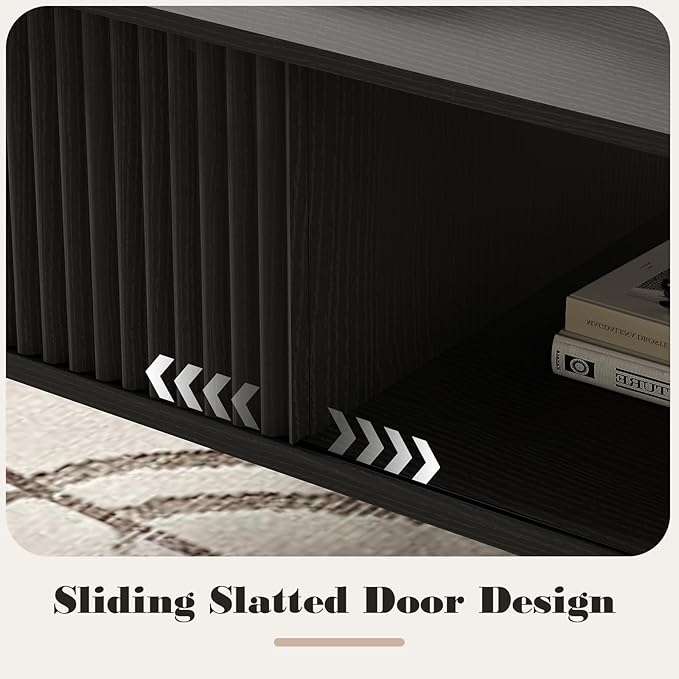 41.34''D Coffee Table, 2-Tiers Farmhouse Coffee Tables With Storage and Sliding Wave Pattern Door, Modren Tea Table, Wooden Dining Center Tables for Living Room, Office, Bedroom, Outdoors, Black