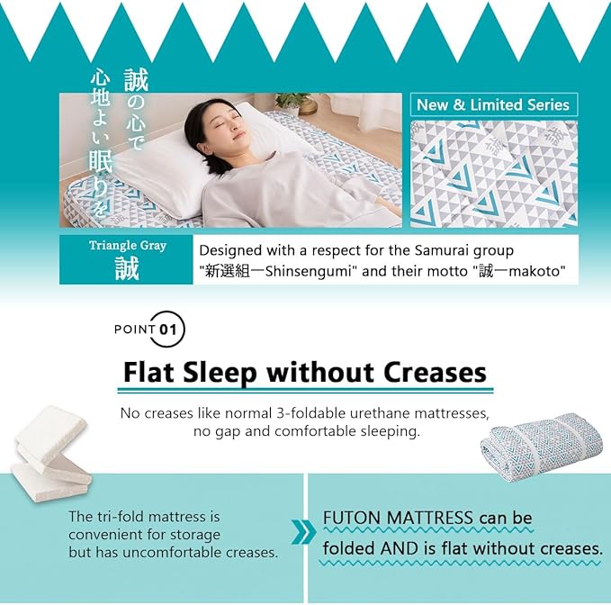 EMOOR Japanese Padded Futon Mattress Machi King Triangle-Gray (Shinsengumi Makoto), Gusset Foldable Storable Elastic Bands Floor Sleeping Guest Bed Tatami Mat