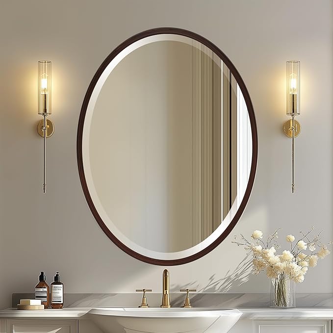OVALCREST - Oval Wooden Beveled Wall Mirror for Home Decor, Bathroom, Vanity, Bedroom, Living Room, Hallway - London Style (Black Walnut) 17.1 x 21.1