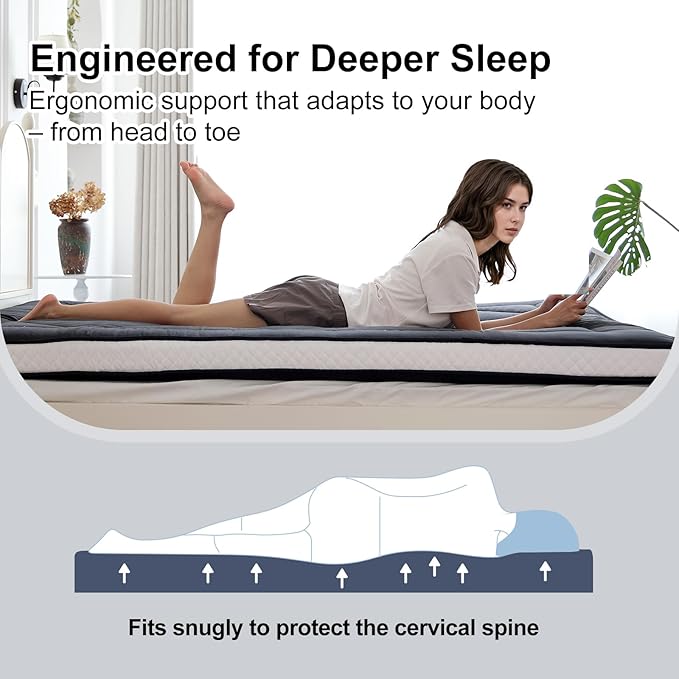 Welnow Japanese Futon Floor Mattress, Thick Queen Size Tatami Mat Portable & Foldable Roll Up Floor Bed Mattress with Storage Bag, Sleeping Pad for Adults, Dorm, Guest Bed, Camping and Travel, Grey
