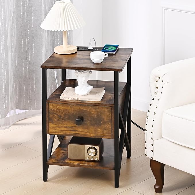 Nightstand Set of 2 with Wireless Charging and USB Ports, End Table Set 2 with Outlets, Bedside Table End Tables with Drawer, Small Night Stand for Bedroom, Living Room, Side Table, Brown