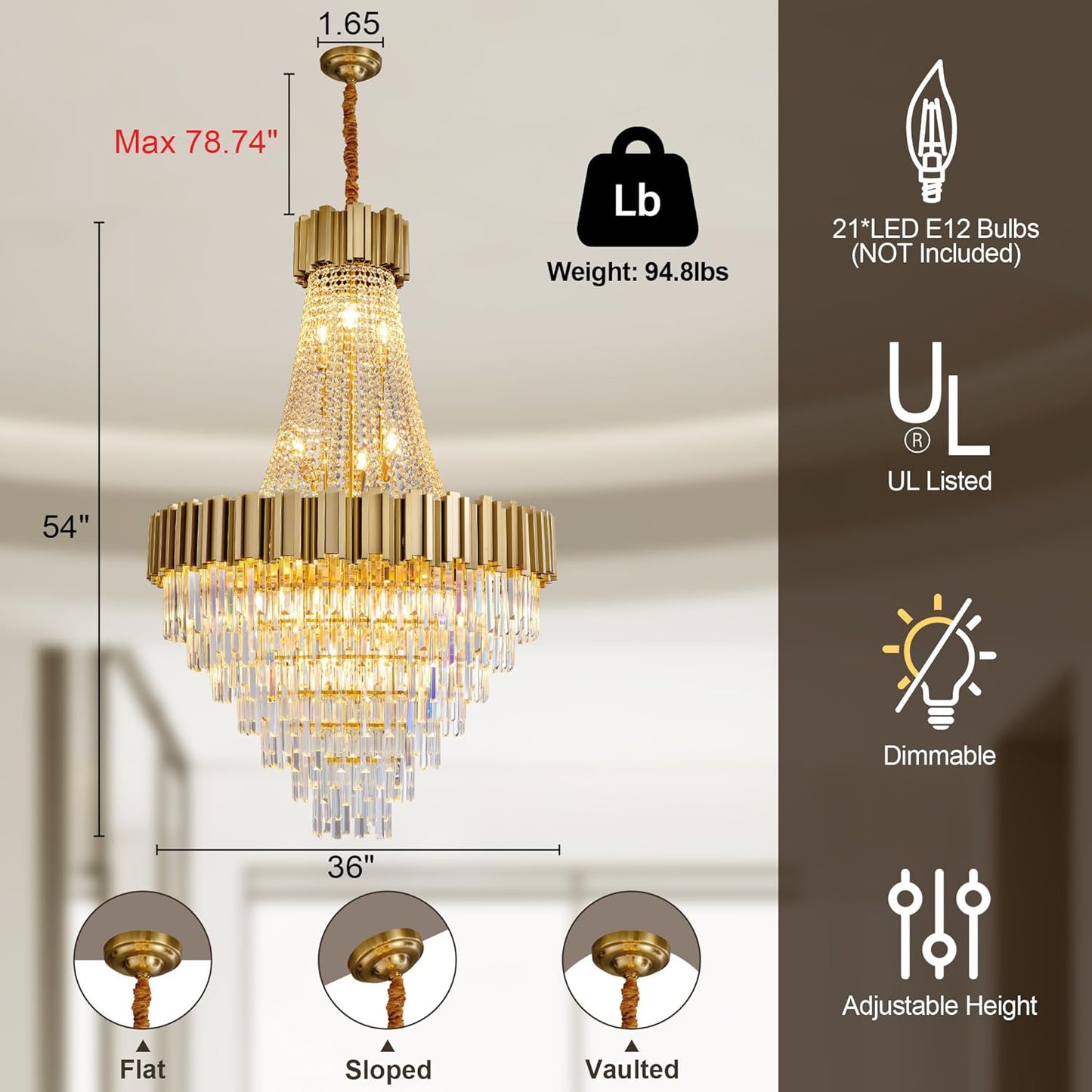 54" Luxury Long Crystal Chandelier for High Ceilings, 21-Light Modern Gold Large Chandeliers for Staircase, Foyer, Entryway, Living Room, Hallway, Contemporary K9 Crystal Tiered Chandelier