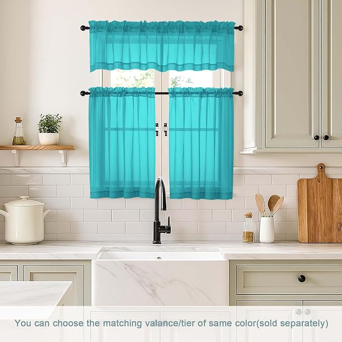 Turquoise Sheer Curtains Tier 30 Inches Length 2 Panels, Light Filtering - Image 2