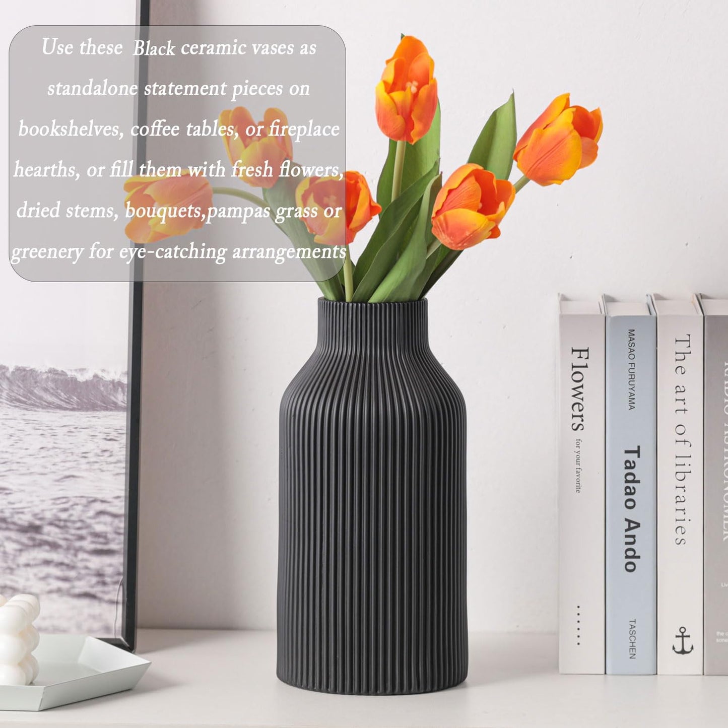 10 Inch Black Ceramic Vase for Decor,Minimalist Modern Home Decorative Large Flower Vase for Pampas Grass,Bookshelf, Living Room, Shelf, Bedroom, Bathroom, Entryway Mantel Decor