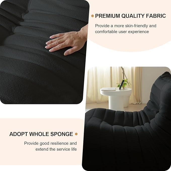 Luxury Sofa Couch Chair, Lazy Floor Seating, Fireside Bean Bag Chair, Ergonomic Tatami Sofa Lounger for Living Room, Bedroom, Office, Loveseat, Black