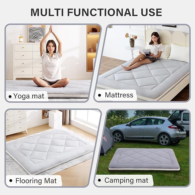 Welnow Japanese Futon Floor Mattress, Thick Twin Size Tatami Mat Portable & Foldable Roll Up Floor Bed Mattress with Storage Bag, Sleeping Pad for Adults, Dorm, Guest Bed, Camping and Travel, Grey