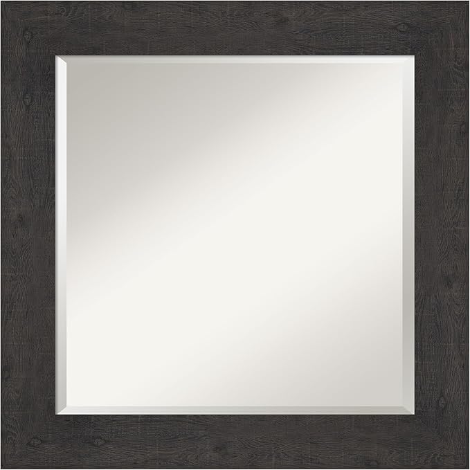 Amanti Art Brown Wall Mirror 26x26 Rustic Plank Espresso Square Bathroom Mirror for Wall Decor Living Room, Medium Country Rustic Frame, Hangs Horizonally and Vertically, Bathroom Decor, Beveled Edge