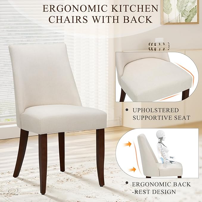 COLAMY Upholstered Dining Chairs Set of 2, Mid Century Modern Kitchen Chairs with Back, Farmhouse Fabric Side Dining Room Chairs with Wood Legs for Dining Room Restaurant, Beige