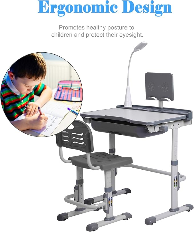 Kids' Desk and Chair Set, Height Adjustable Child's School Study Writing Tables with Tilt Desktop, LED Light, Storage Drawer, Book Stand(Grey)