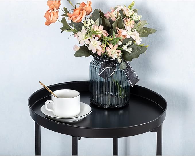 HollyHOME Small Round Metal Waterproof End Table, Accent Indoor&Outdoor Coffee Side Table, Snack Sofa Table for Living Room, Anti-Rust Decorative Plant Stand, (D) 14.5" x (H) 25", Black