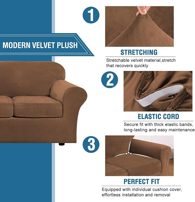 H.VERSAILTEX High Stretch Sofa Slipcover 4 Piece Cover Velvet Furniture - Image 3