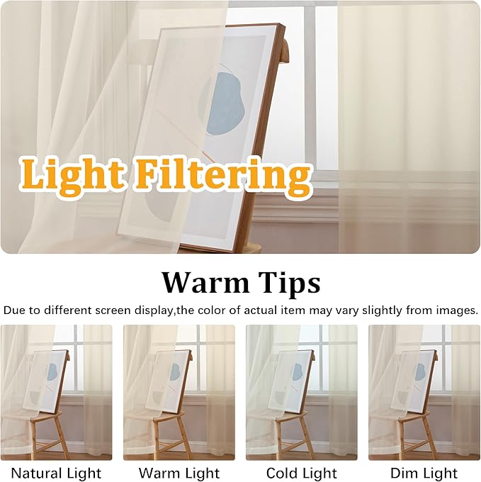 Gwine Cream Sheer Curtains 48 Inches Long 2 Panels Set, Light Filtering Sheer - Image 5