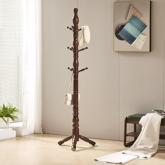 Coat Rack, Natural Wood Coat Racks with 3 Height Options and 9 Hooks,Coat Tree Ease of Assembly,Freestanding Hall Tree for Home/Office/Entryway/Hallway (Walnut)