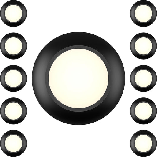 10 Packs 4 Inch Black LED Low Profile Recessed & Surface Mount Disk Light, Round, 10W, 600 Lumens, 3000K Warm White, CRI80, DOB Design, Dimmable, ETL Listed