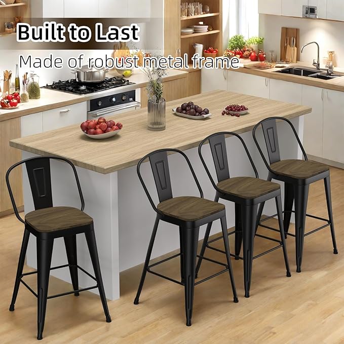Metal Bar Stools Set of 4, High Back Bar Stools with Wooden Seat, 24 inch Black Barstools for Kitchen Island