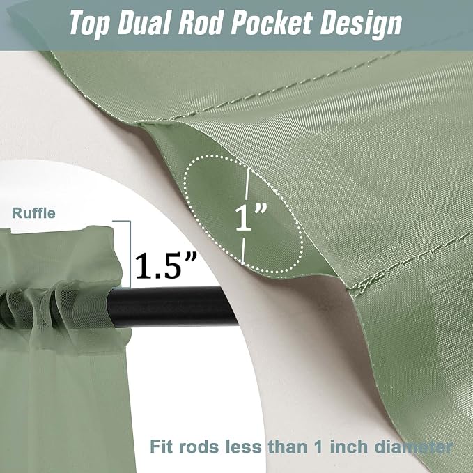 Extra Wide Sage Green Sheer Curtains 90 Inches Long 2 Panels, Light Filtering - Image 3